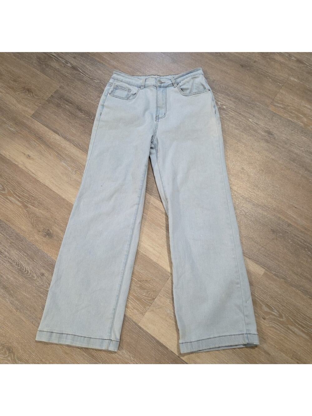 Ettelo Y2K Jeans Women (12short) Light Blue Wide Leg High Waist Momcore Stretch